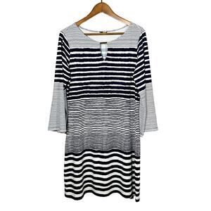 Haani Shift Dress Casual Stripe Long Sleeve Keyhole Black White - L